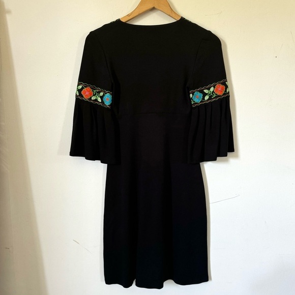 Cache Embroidered Mini Dress Black Floral Bell Sleeves Vintage Y2K Womens Small - Picture 8 of 11